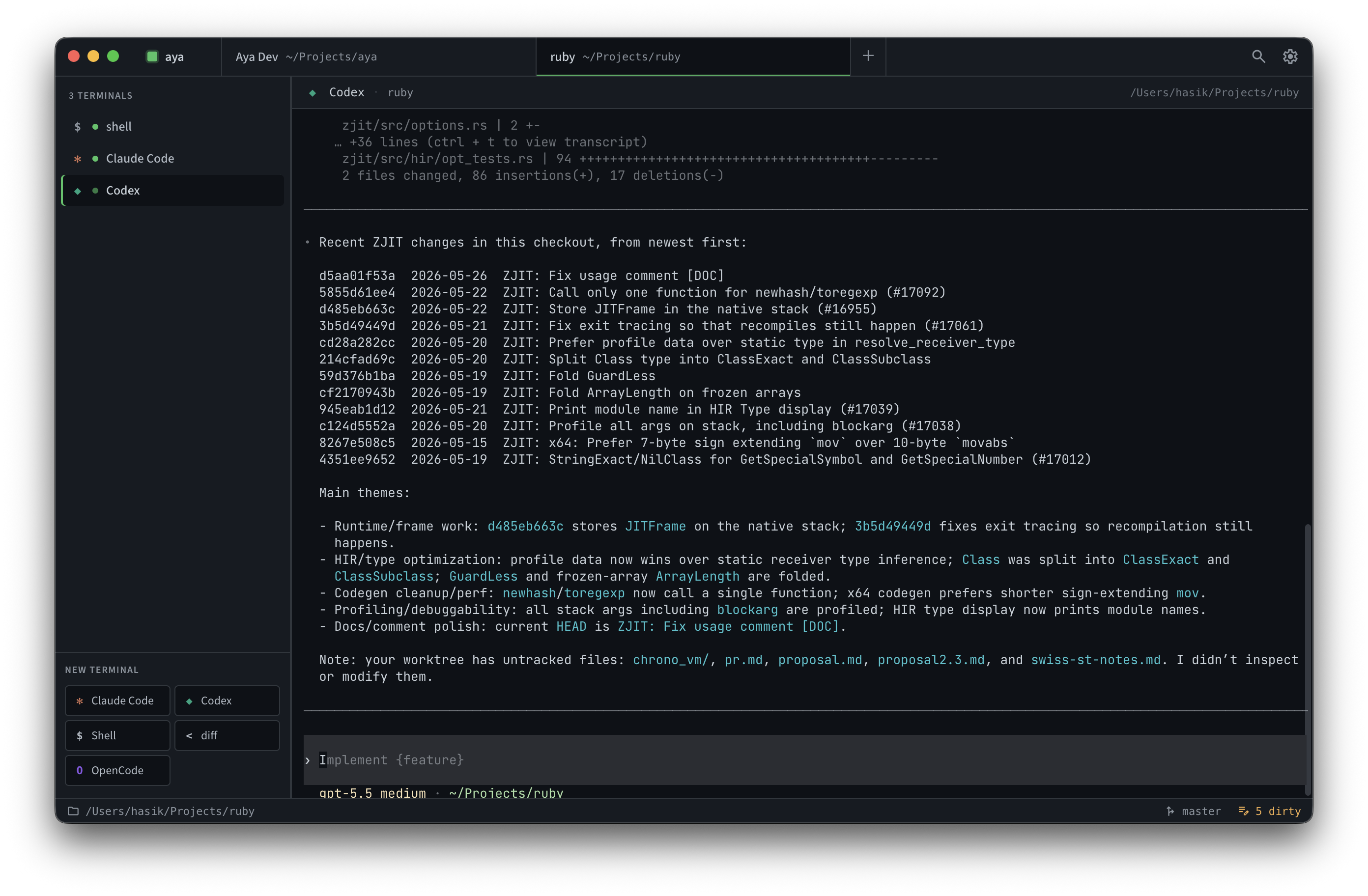 Aya desktop app showing terminal sessions organized by project