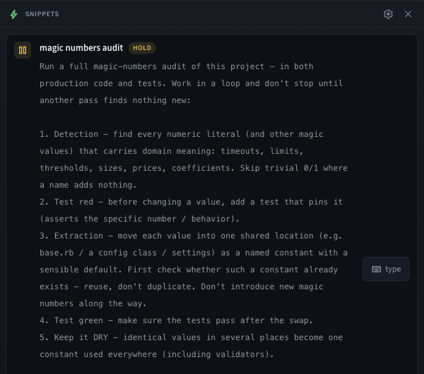 Aya snippets drawer open below a terminal with saved prompt snippets
