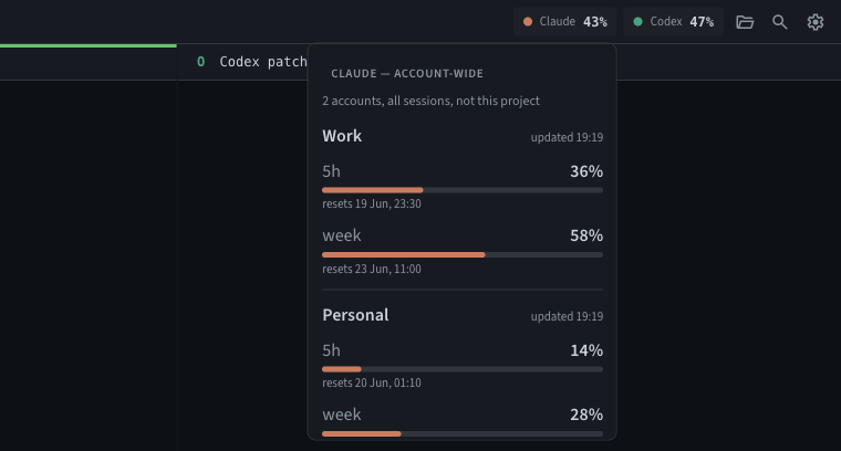 Aya top bar showing Claude and Codex usage chips with the Claude account-wide popover open